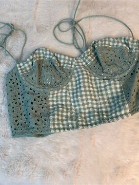 Urban Outfitters Women’s Large Corseted Crop Green White Check Boho Festival 137
